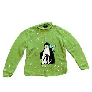 Monterey Bay Knit Penguin Sweater, Green, Size M, knit, long sleeve, scarf